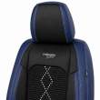 Huse auto premium 5 locuri Carguard Deluxe piele ecologică perforată și textil - negru - albastru închis