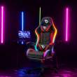 Scaun gamer RGB LED - cu cotiere, perna - negru/rosu
