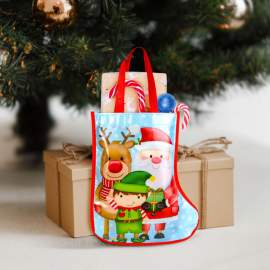 Cizmă decorativă tip geantă cadou – albastră, cu Moș și ren – 33 cm