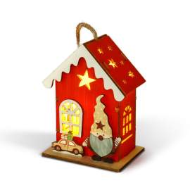 Decorațiune de Crăciun cu LED – căsuță cu spiriduș – lumină alb cald – roșu – 7,5 x 5 x 10 cm