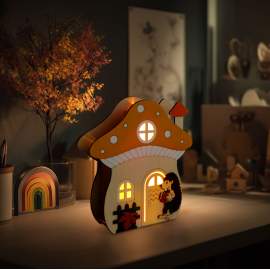Decorațiune luminoasă de toamnă – căsuță-ciupercă cu arici – lemn – 15 x 16 x 5 cm