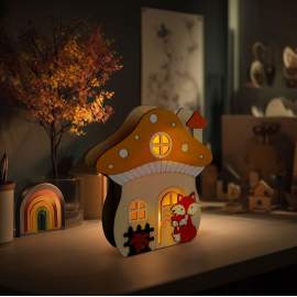 Decorațiune luminoasă de toamnă – căsuță-ciupercă cu vulpe – lemn – 15 x 16 x 5 cm