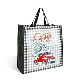 Geantă cadou decorativă – model negru cu camion roșu – 45 x 44 x 19 cm