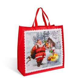 Geantă cadou decorativă – model roșu cu Moș – 45 x 44 x 19 cm