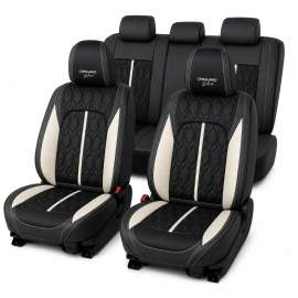 Huse auto premium 5 locuri Carguard Deluxe piele ecologică perforată - negru - alb