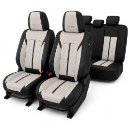 Huse auto premium 5 locuri Carguard Deluxe piele ecologică perforată - negru - crem
