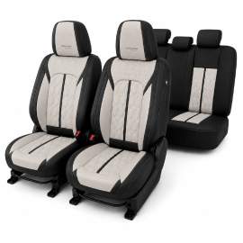 Huse auto premium 5 locuri Carguard Deluxe piele ecologică perforată - negru - crem