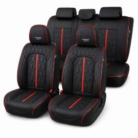 Huse auto premium 5 locuri Carguard Deluxe piele ecologică perforată - negru - rosu