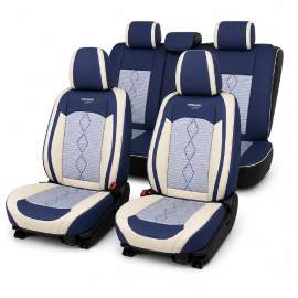 Huse auto premium 5 locuri Carguard Deluxe piele ecologică perforată și textil - albastru - alb