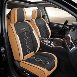 Huse auto premium 5 locuri Carguard Deluxe piele ecologică perforată și textil - maro caramel