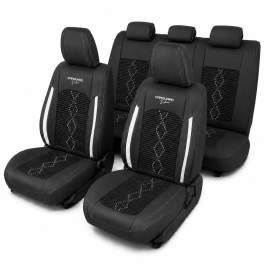 Huse auto premium 5 locuri Carguard Deluxe piele ecologică perforată și textil - negru - alb