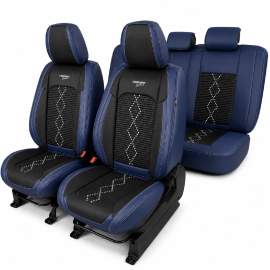 Huse auto premium 5 locuri Carguard Deluxe piele ecologică perforată și textil - negru - albastru închis
