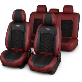 Huse auto premium 5 locuri Carguard Deluxe piele ecologică perforată și textil - roșu închis - negru