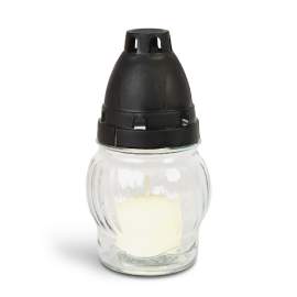 Lumânare din sticlă albă cu capac din plastic negru – 14 cm