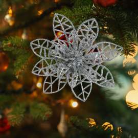 Ornament de Crăciun - cu cleme - floare cu sclipici - argintiu - 3 buc/pachet