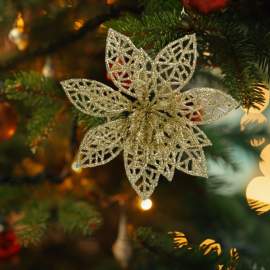 Ornament de Crăciun - cu cleme - floare cu sclipici - auriu - 3 buc/pachet