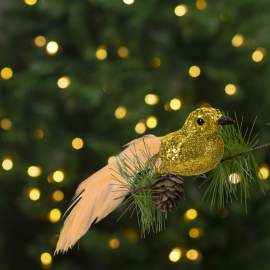 Ornament de Crăciun - pasăre cu sclipici - cu clemă - aurie - 2 buc/pachet