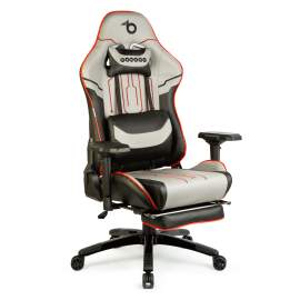 Scaun de gaming ergonomic cu pernă, tetieră, suport picioare și spătar rabatabil, gri/negru/roșu, 84 x 52 / 48 x 50 cm
