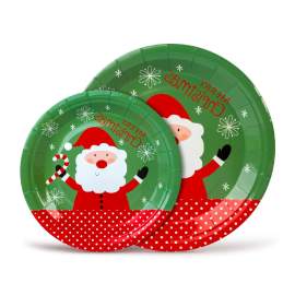 Set farfurii de Crăciun din hârtie – model Moș Crăciun – 16,5 / 23 cm – 12+12 bucăți / pachet