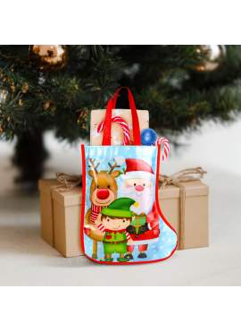 Cizmă decorativă tip geantă cadou – albastră, cu Moș și ren – 33 cm