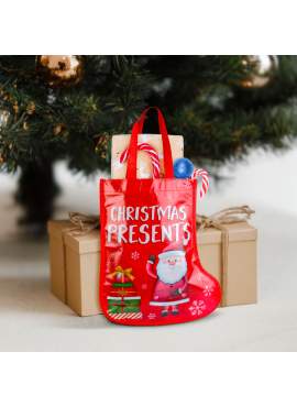 Cizmă decorativă tip geantă cadou – roșie, cu Moș – 33 cm
