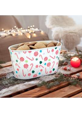Coș decorativ din metal – model bastonașe dulci (candy cane) – 19 x 11,5 x 9,5 cm