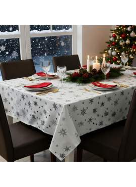 Față de masă decorativă – 140 x 240 cm – 100% poliester – model fulg de nea, culoare albă