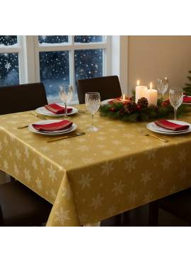 Față de masă decorativă – 140 x 240 cm – 100% poliester – model fulg de nea, culoare aurie