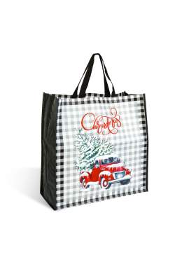 Geantă cadou decorativă – model negru cu camion roșu – 45 x 44 x 19 cm
