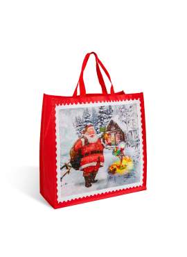 Geantă cadou decorativă – model roșu cu Moș – 45 x 44 x 19 cm
