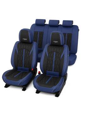 Huse auto premium 5 locuri Carguard Deluxe piele ecologică perforată - albastru inchis - negru