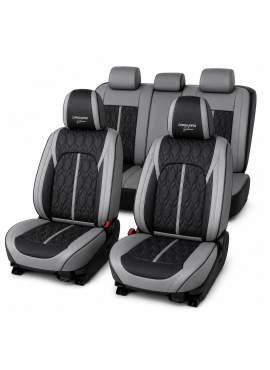 Huse auto premium 5 locuri Carguard Deluxe piele ecologică perforată - gri - negru
