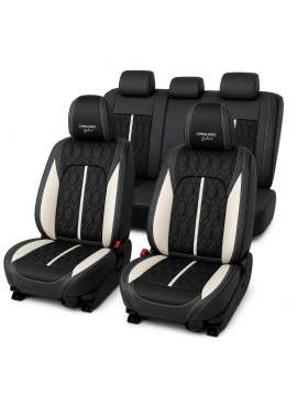 Huse auto premium 5 locuri Carguard Deluxe piele ecologică perforată - negru - alb