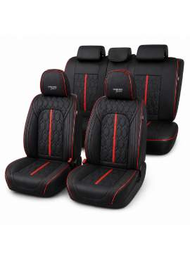 Huse auto premium 5 locuri Carguard Deluxe piele ecologică perforată - negru - rosu