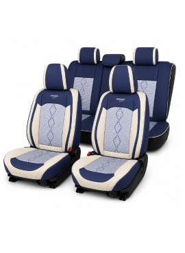 Huse auto premium 5 locuri Carguard Deluxe piele ecologică perforată și textil - albastru - alb