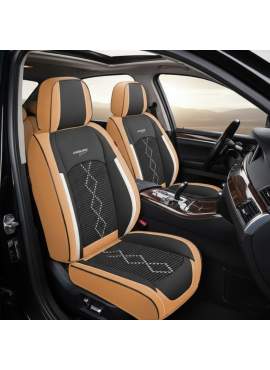 Huse auto premium 5 locuri Carguard Deluxe piele ecologică perforată și textil - maro caramel