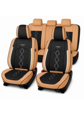 Huse auto premium 5 locuri Carguard Deluxe piele ecologică perforată și textil - maro caramel
