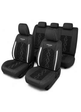 Huse auto premium 5 locuri Carguard Deluxe piele ecologică perforată și textil - negru - alb