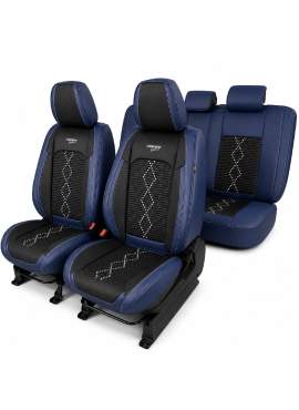 Huse auto premium 5 locuri Carguard Deluxe piele ecologică perforată și textil - negru - albastru închis