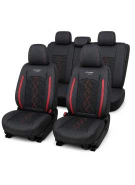 Huse auto premium 5 locuri Carguard Deluxe piele ecologică perforată și textil - negru - rosu închis