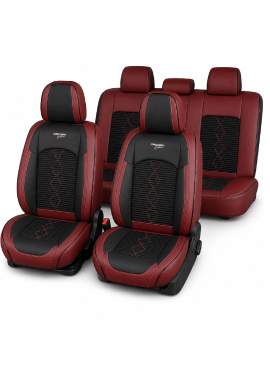 Huse auto premium 5 locuri Carguard Deluxe piele ecologică perforată și textil - roșu închis - negru