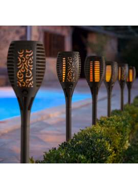 Lampă solară LED - perforabilă - efect de flacără - 12 LED galbene - plastic - negru - 10 x 58 cm