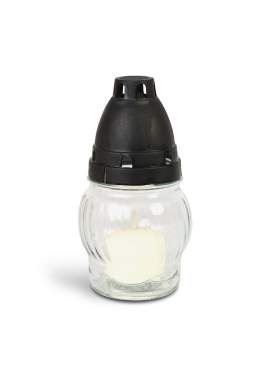 Lumânare din sticlă albă cu capac din plastic negru – 14 cm