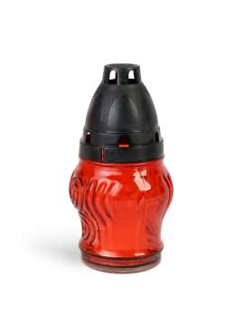 Lumânare din sticlă roșie cu capac din plastic negru – 14 cm