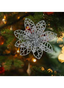 Ornament de Crăciun - cu cleme - floare cu sclipici - argintiu - 3 buc/pachet