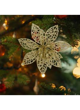 Ornament de Crăciun - cu cleme - floare cu sclipici - auriu - 3 buc/pachet