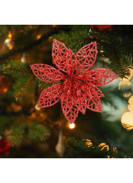 Ornament de Crăciun - cu cleme - floare cu sclipici - roșu - 3 buc/pachet