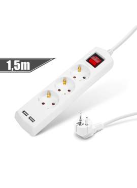 Prelungitor 3 - 3 x 1,5 mm - 1,5 m - cu 2 x USB - cu buton