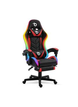 Scaun gamer RGB LED - cu cotiere, perna - negru/rosu