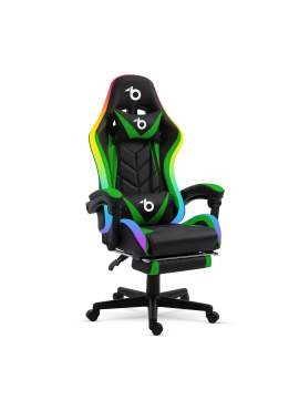 Scaun gamer RGB LED - cu cotiere, perna - negru/verde